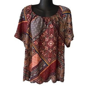 NWOT Large Valerie Stevens short sleeve Bohemian graphic print pullover top
